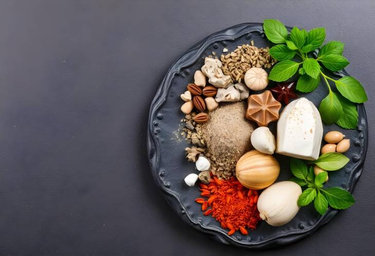 Herbs and Spices Arranged on Black Stone Plate Culinary Artistry